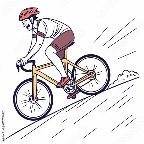 Cyclist in red helmet on yellow bicycle cycling road
