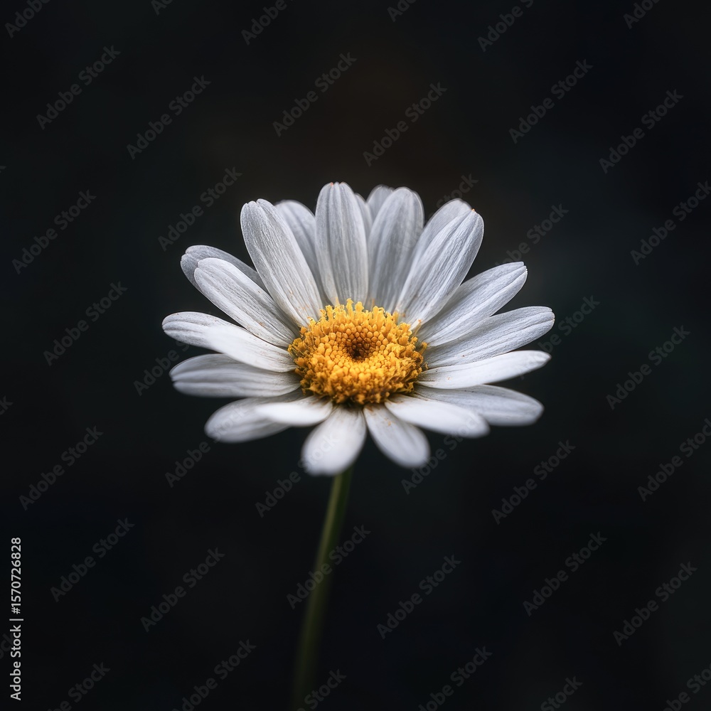 Fototapeta premium A single, pristine white daisy with a vibrant yellow center, delicately positioned against a dark, blurred background. The stem is slender and visible