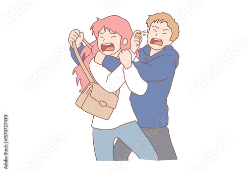 Woman applying gas canisters spray for self-defense against man robber on urban street. Female attacking bandit preventing violence and protecting herself. Hand drawn style vector design illustrations