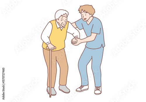 Providing assistance or support to pensioner after retirement and volunteer work in nursing home. Medical worker helps sick pensioner get out of chair and walk around room. Hand drawn style vector