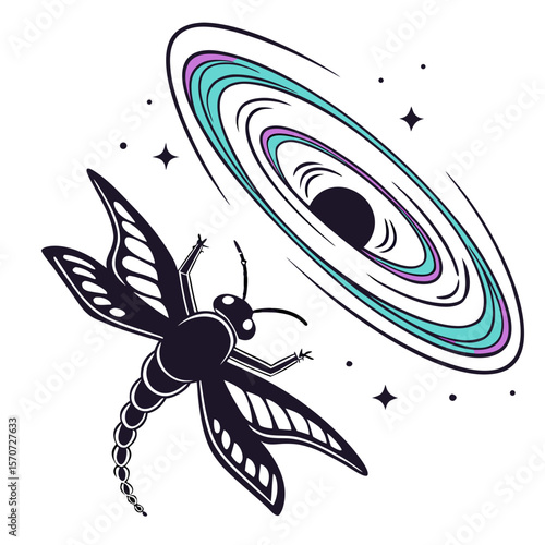 Dragonfly approaching swirling cosmic phenomenon insect space