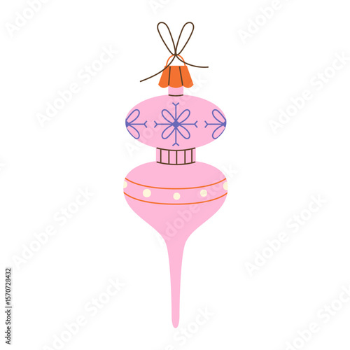 Pink flat Christmas toy with ornament on a white background