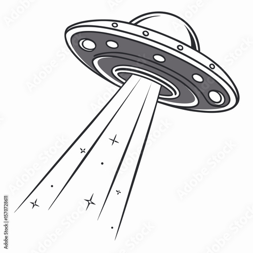 Flying saucer emitting light beam with stars and dots alien spacecraft extraterrestrial