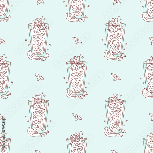 Outline Seamless Pattern with Guava Drink with tropical Fruit slices, ice cubes and Mint leaves on light blue Background. Summer Refreshing Cocktail. Line hand drawing. Vector illustration