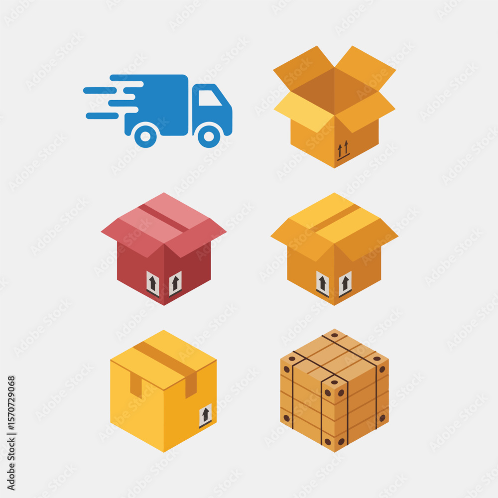Obraz premium Isometric Illustration of Delivery Truck and Various Cardboard Boxes Including Open Box Red Box Yellow Box and Wooden Crate Showing This Upward Facing Arrows Indicating Proper Handling for