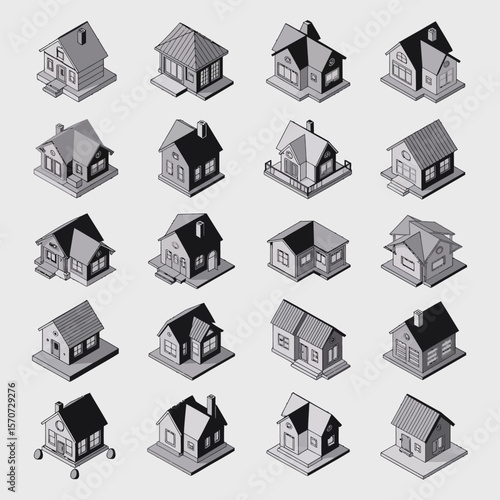 Isometric View Collection of Sixteen Gray Scale Suburban Houses Various Architectural Styles Roof Designs and Details