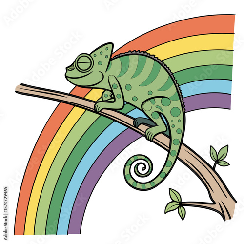 Green chameleon perched on branch with rainbow background reptile tree