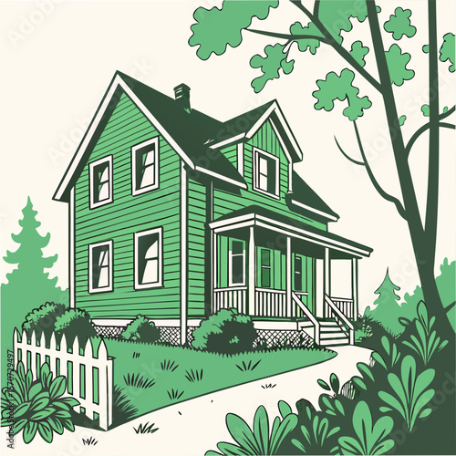 Green house with porch and trees nature