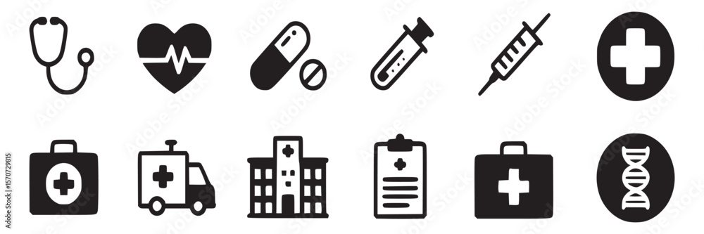Obraz premium Medical healthcare icons set vector illustration stethoscope heart pill syringe hospital dna and more on transparent background