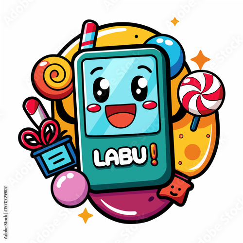 Happy mobile phone with candy and gift lollipop cute