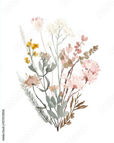 Soft Watercolor Wildflower and Leaf Botanical Illustration in Sage Green Blush Pink Neutral Palette