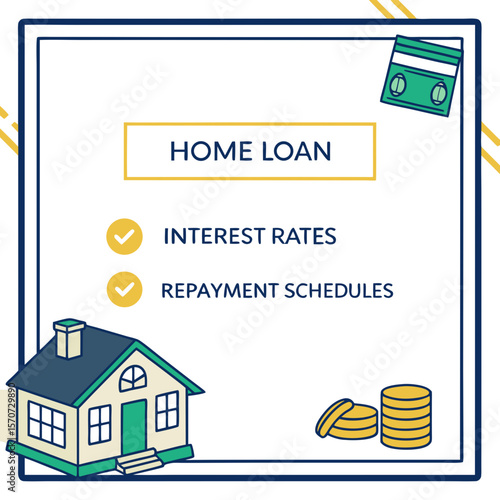 Home loan interest rates repayment schedules with house and coins vector