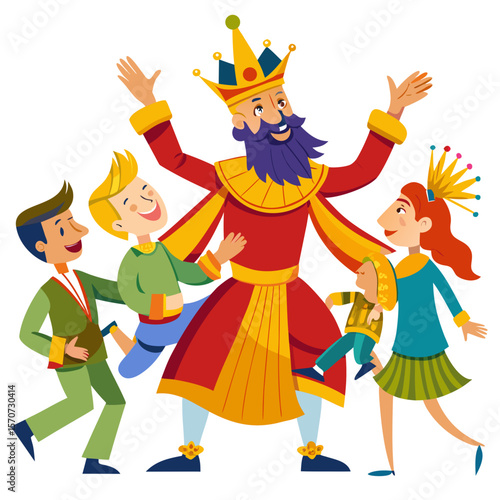 King dancing with happy nobles celebrating a royal party crown
