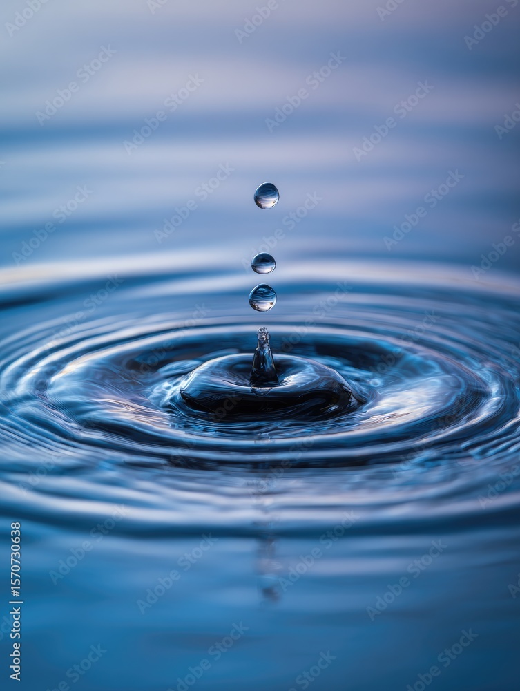 A single water droplet falls, creating concentric ripples on a calm, still blue surface; soft light reflects A single water droplet falls, creating concentric ripples on a calm, still blue surface; soft light reflects