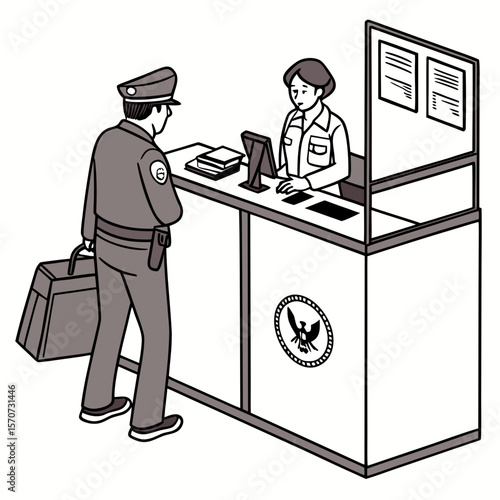 Officer and traveler at immigration desk border control passport
