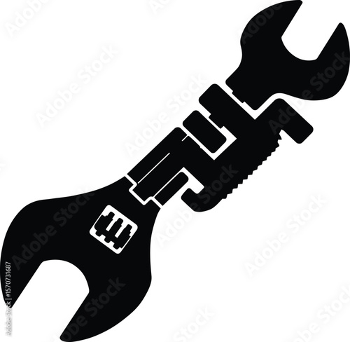 Combined Wrench Tools Silhouette Icon: Adjustable and Pipe Wrench Interlocked for Plumbing, Mechanical, and Repair Services Symbol.