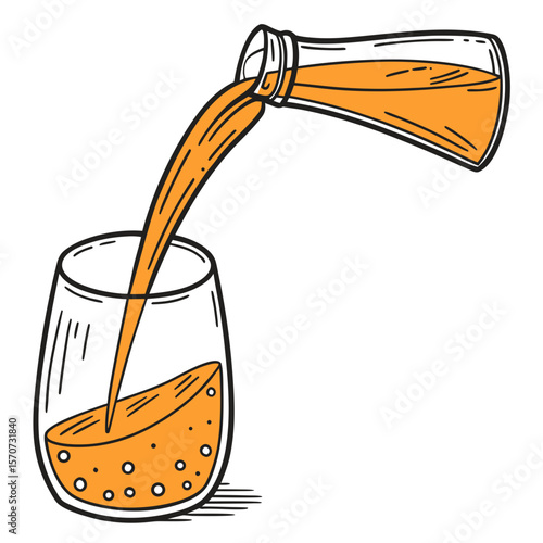 Orange juice pouring into glass with bubbles drink
