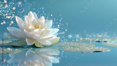 White lotus flower floating on shimmering light blue water surface dotted with glowing particles and delicate leaves around
