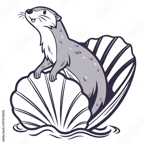Otter in a seashell floating on waves marine life water