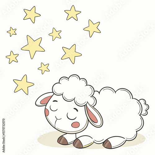 Peaceful white sheep dreaming under yellow stars night