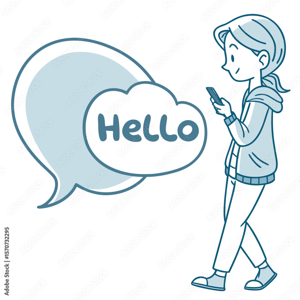 Person texting hello message on phone mobile communication Person texting hello message on phone mobile communication