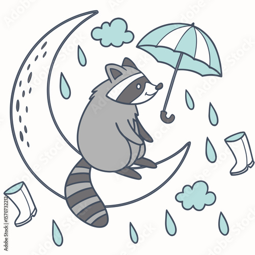 An adorable Racoon with a Happy vibe, sitting on a moon, and a Raindrop Calm Rainy day theme – SVG style