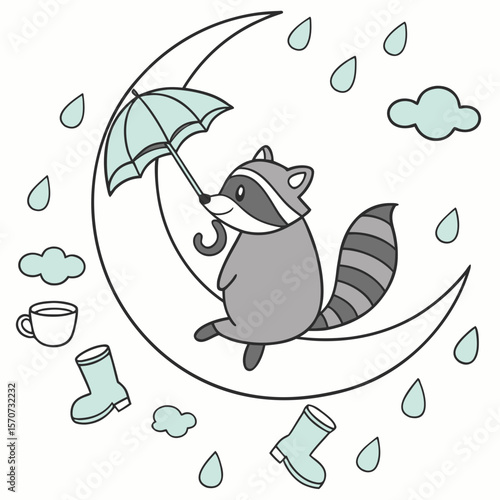 An adorable Racoon with a Happy vibe, sitting on a moon, and a Raindrop Calm Rainy day theme – SVG style