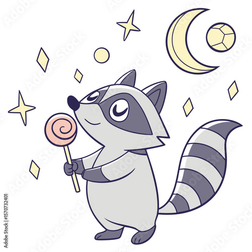 Funny expression on a Racoon in a Starry night theme, with holding a lollipop – Magical Night vector art