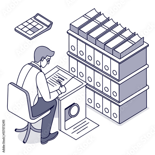 Person working with files and calculator audit accounting