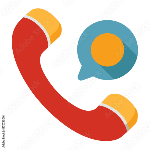 Red telephone receiver with blue speech bubble and orange circle communication message