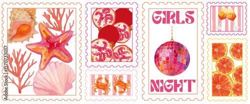 SET OF SUMMER GIRLY STAMPS WITH TRENDY WATERCOLOR ILLUSTRATIONS STYLE DOLCE VITA - VINTAGE POSTAGE CLIPART, SEASHELL, CRAB, COCKTAIL, SPRITZ, FRUITS, DISCO BALL