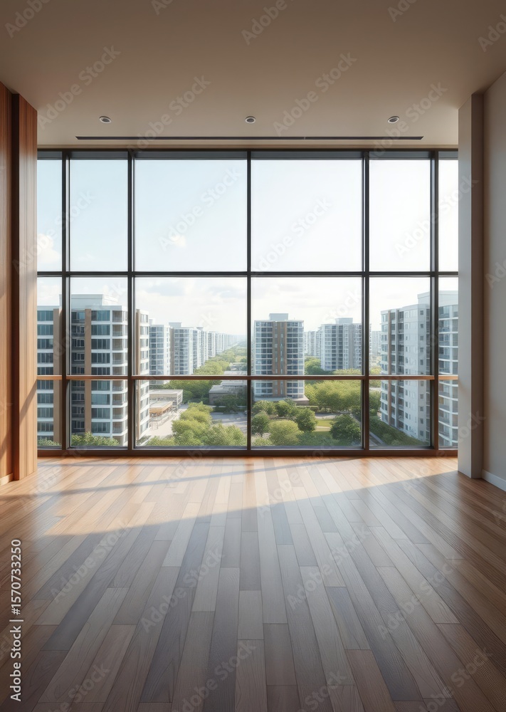 Fototapeta premium Spacious large room with wooden parquet structure and panoramic window overlooking beautiful landscape among complex of new buildings and balcony with elegant glass border mortgage and moving concept