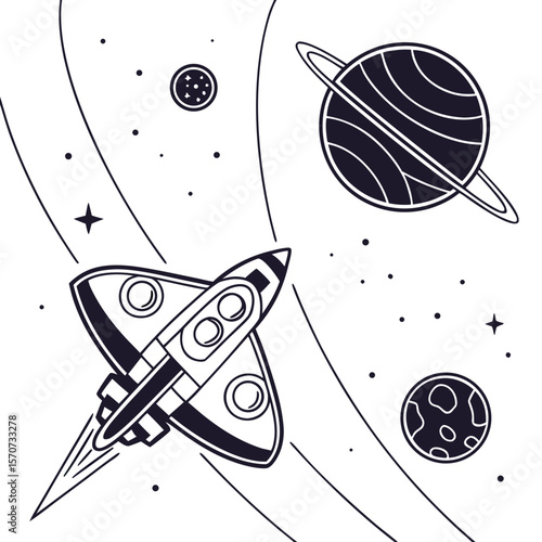 Rocket ship traveling through space with planets and stars galaxy
