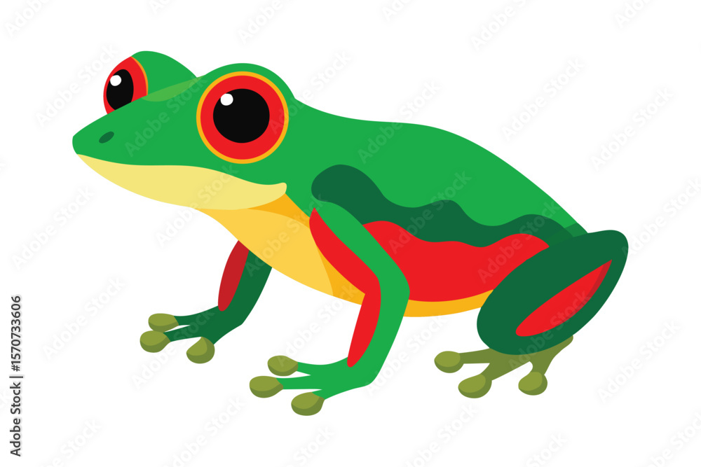 Fototapeta premium Vibrant green frog with red and yellow accents on white background