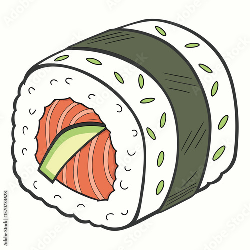 Salmon avocado sushi roll with nori and rice vector