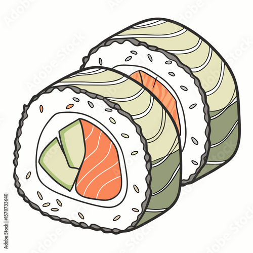 Salmon avocado sushi rolls with sesame seeds rice nori