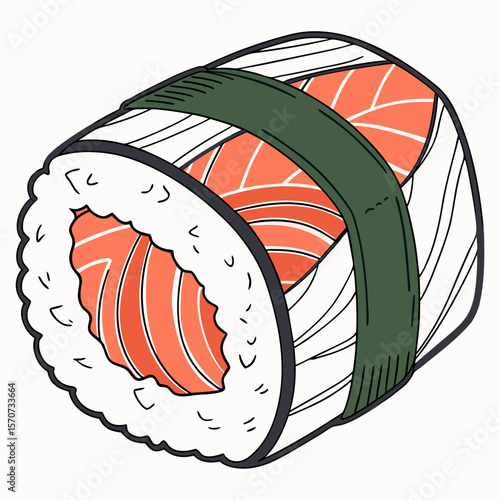 Salmon sushi roll with green nori band and white rice japanese food