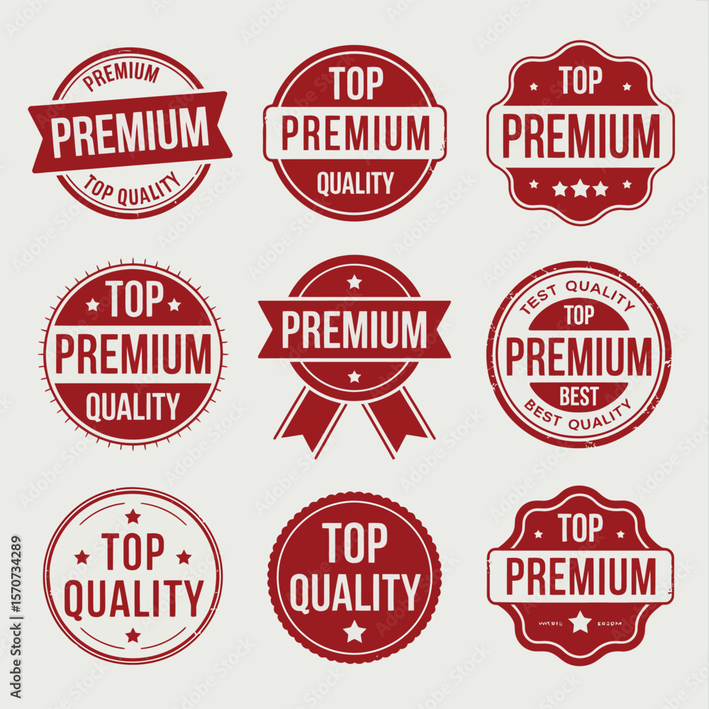 Obraz premium Nine Red Premium Quality Stamps Top Quality Guarantee Badges Collection Vector Illustration Design Elements Set