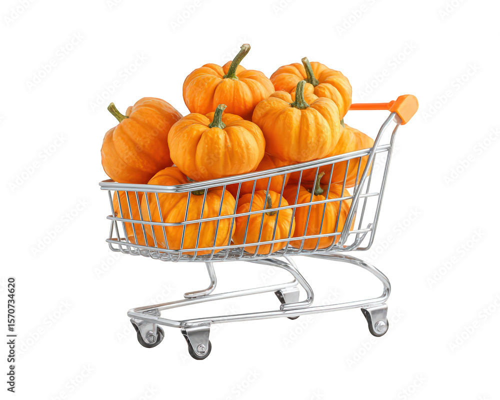 Obraz premium Mini pumpkin orange vegetable shopping cart isolated transparency background autumn harvest fresh healthy food festive arrangement creates cheerful seasonal mood