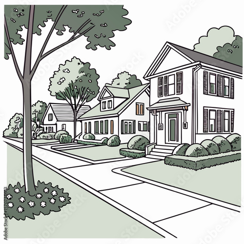Suburban houses with trees and manicured bushes residential neighborhood