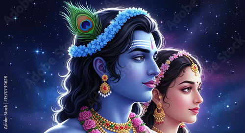 Wallpaper Mural Radha Krishna Eternal Love Under the Stars – A Celestial Union of Devotion, Grace, and Divinity Torontodigital.ca