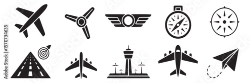 Aviation icons set airplane propeller compass runway travel tower paper plane vector graphic design element on transparent background
