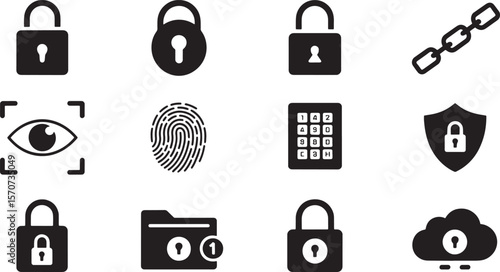 Biometric and Digital Security Icons: Fingerprint, Lock, Keypad