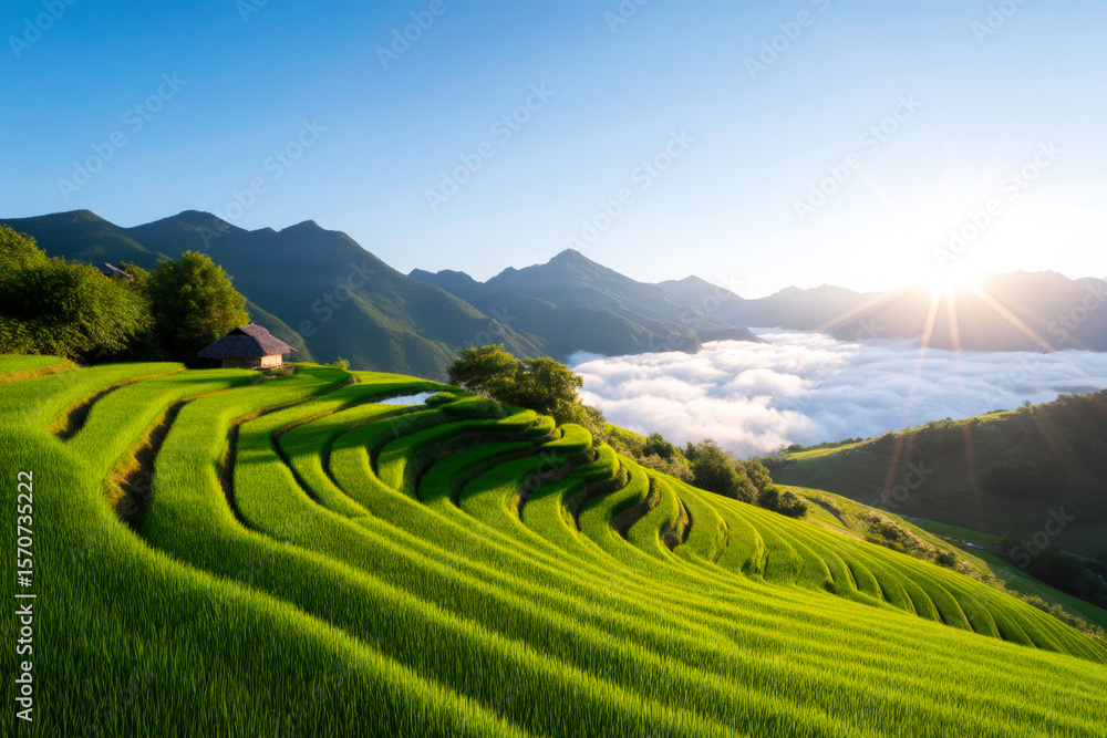 Fototapeta premium Golden sunrise light over misty rice terraces with distant mountain