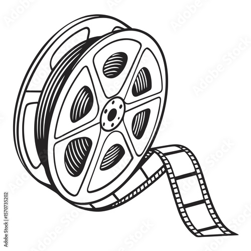 Vintage film reel with black and white film strip movie cinema