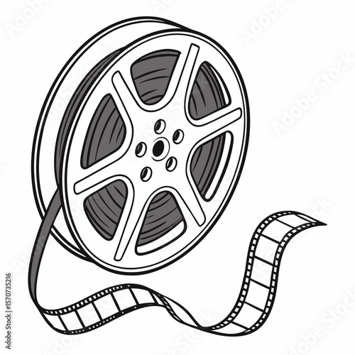 Vintage film reel with flowing film strip movie cinema