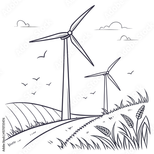 Wind turbines in a field with birds and clouds wind energy renewable energy