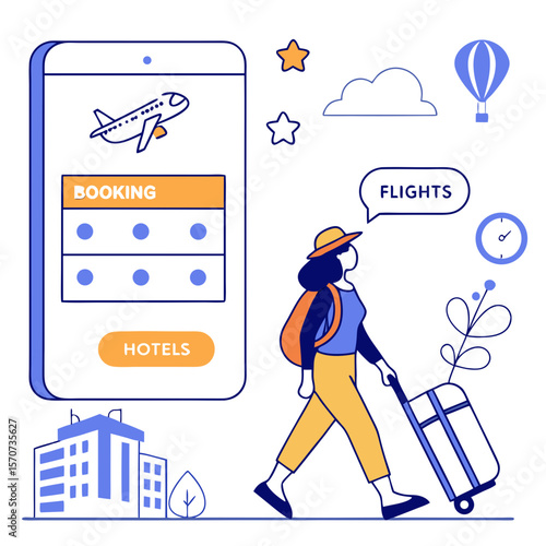 Woman with suitcase booking flights and hotels travel airplane