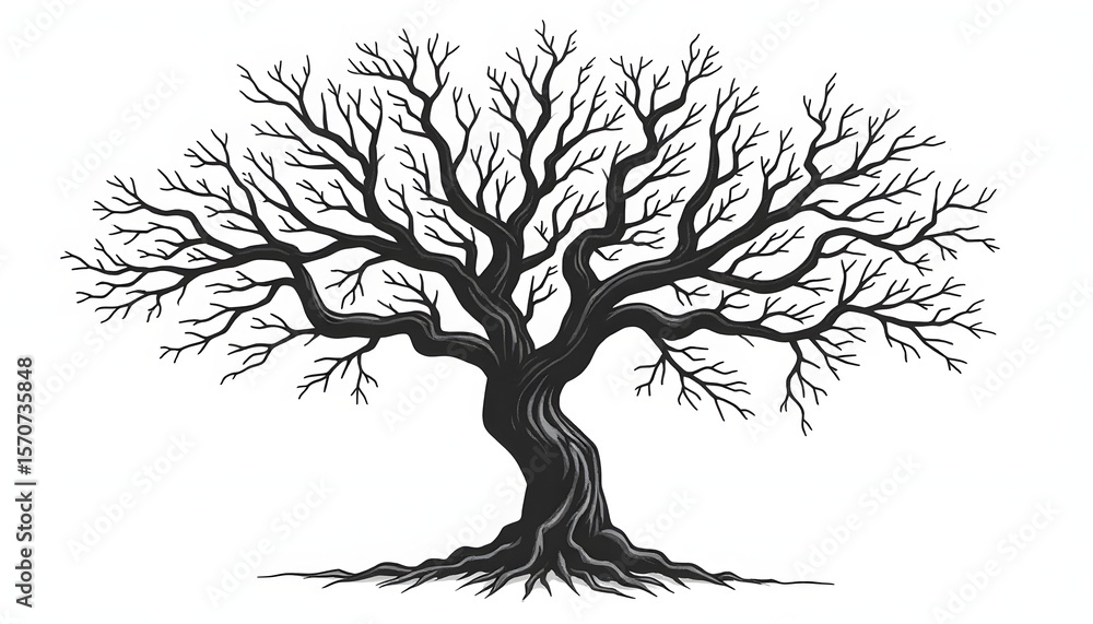 Fototapeta premium Barren tree with exposed roots. Represents nature, life cycle, resilience, or abstract art. Stark and symbolic.