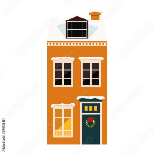 Charming and Inviting Orange House Illustration Featuring Holiday Decor and Cheerful Vibes